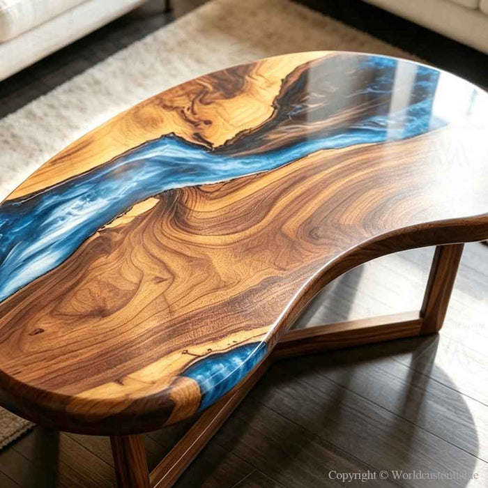 Blue ocean resin live edge coffee table with natural walnut wood