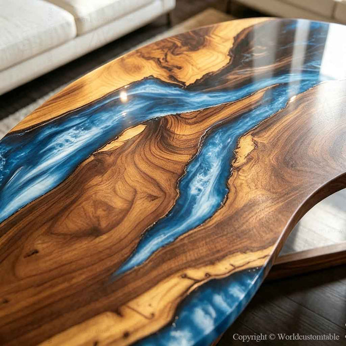 Handcrafted walnut resin coffee table with flowing blue waves