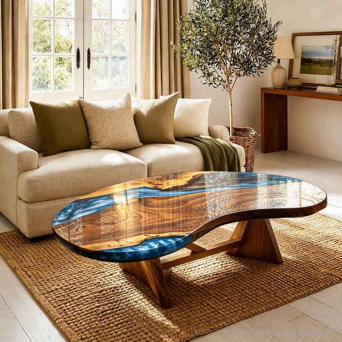 Organic shaped walnut epoxy coffee table for modern living room