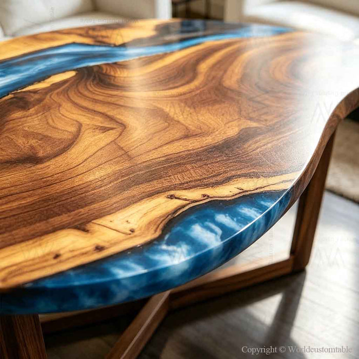 Unique organic epoxy coffee table with walnut wood and blue resin