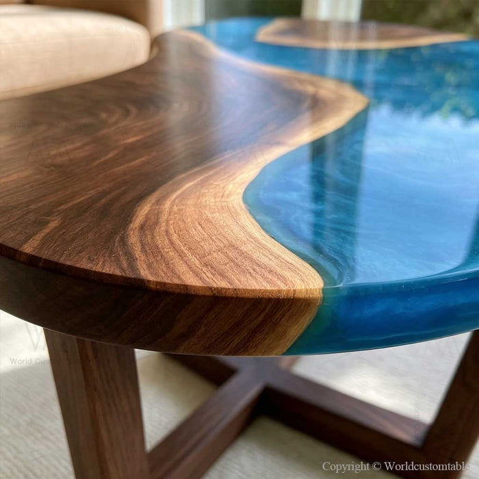 Modern walnut coffee table featuring artistic blue epoxy resin