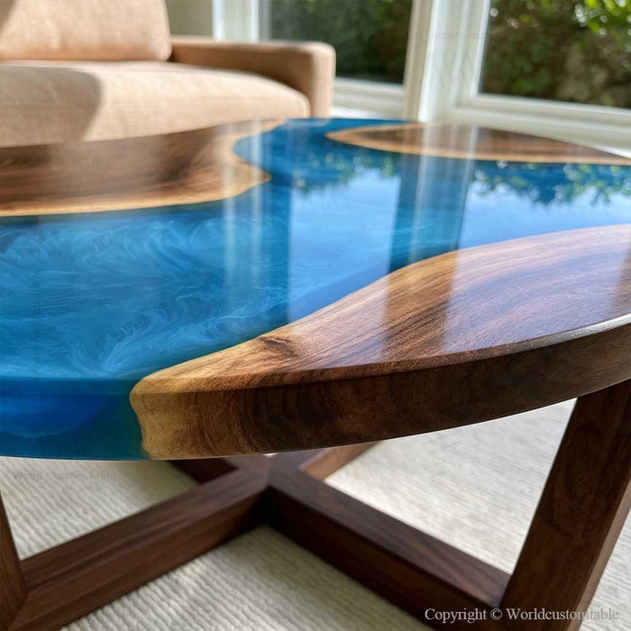 Unique blue epoxy river coffee table with natural walnut wood grain