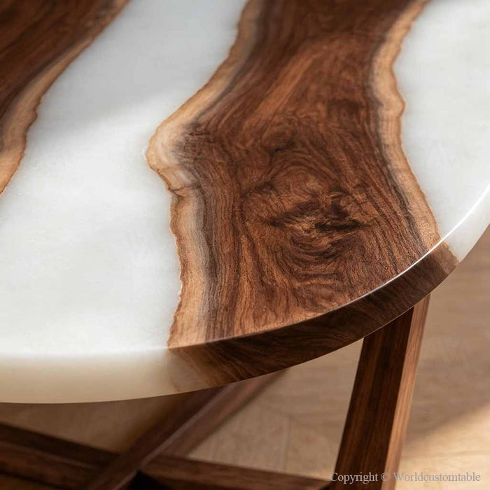 Handcrafted walnut resin coffee table featuring natural wood grain and white resin