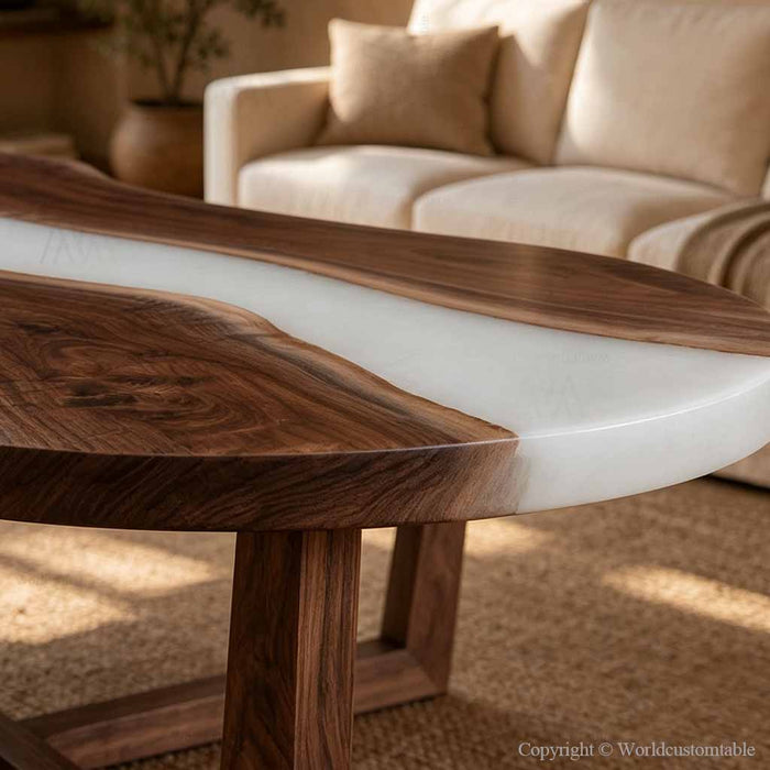 Modern white epoxy coffee table with premium walnut wood for contemporary interiors