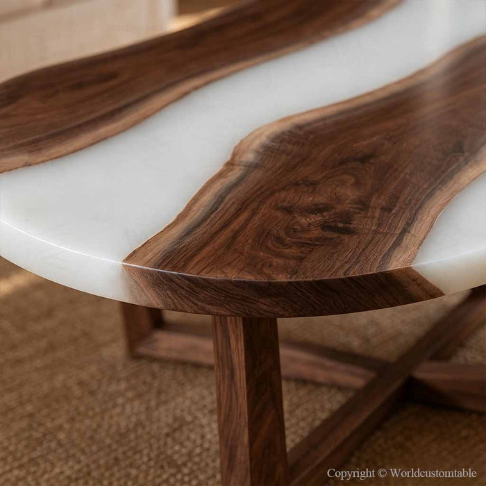 Organic shaped epoxy coffee table crafted from natural walnut with white epoxy