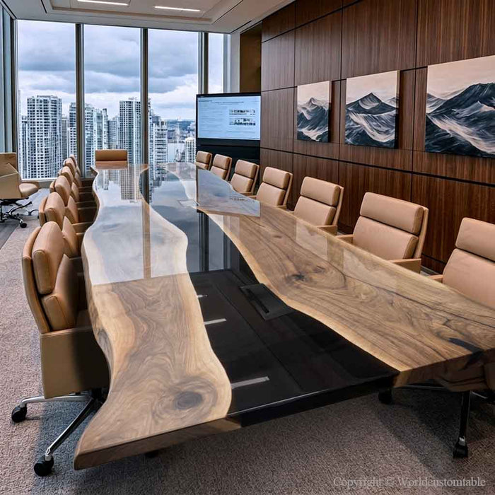 Black walnut live edge conference table with dramatic black epoxy resin