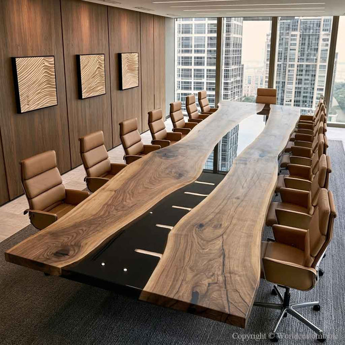 Extra large black walnut epoxy conference table with live edge and black resin
