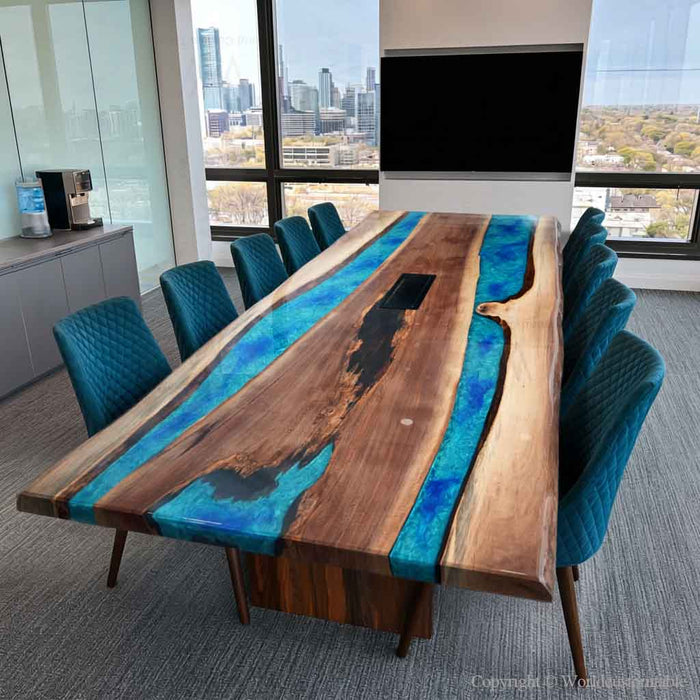 Black walnut epoxy meeting table with peacock blue resin