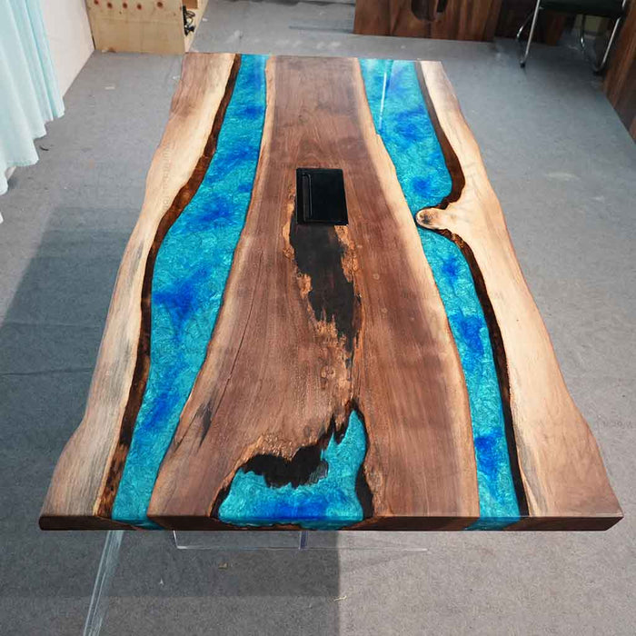 Black walnut meeting table with integrated power outlet