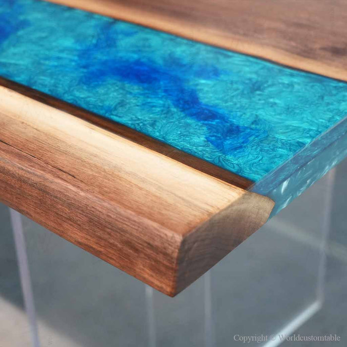 Handcrafted black walnut resin meeting table with artistic blue center