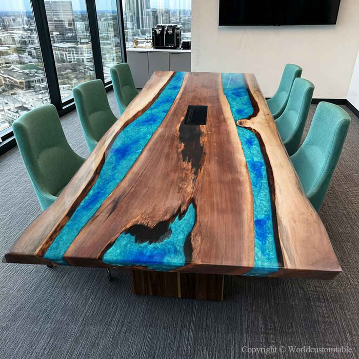 Small conference table crafted from black walnut with peacock blue epoxy resin