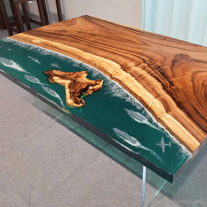 Live edge walnut epoxy dining table with blue ocean resin