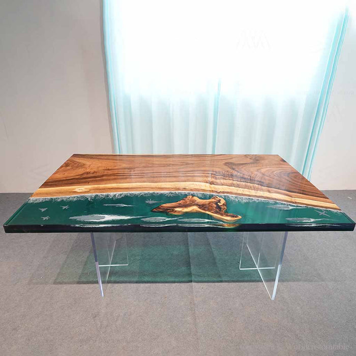 Nautical walnut resin dining table with embedded ship