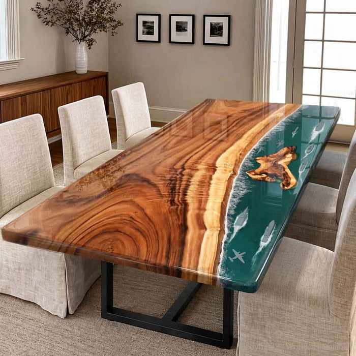 Walnut epoxy dining table with Ocean Breaker blue resin