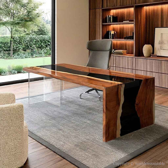 Walnut epoxy desk with deep black resin and natural wood grain