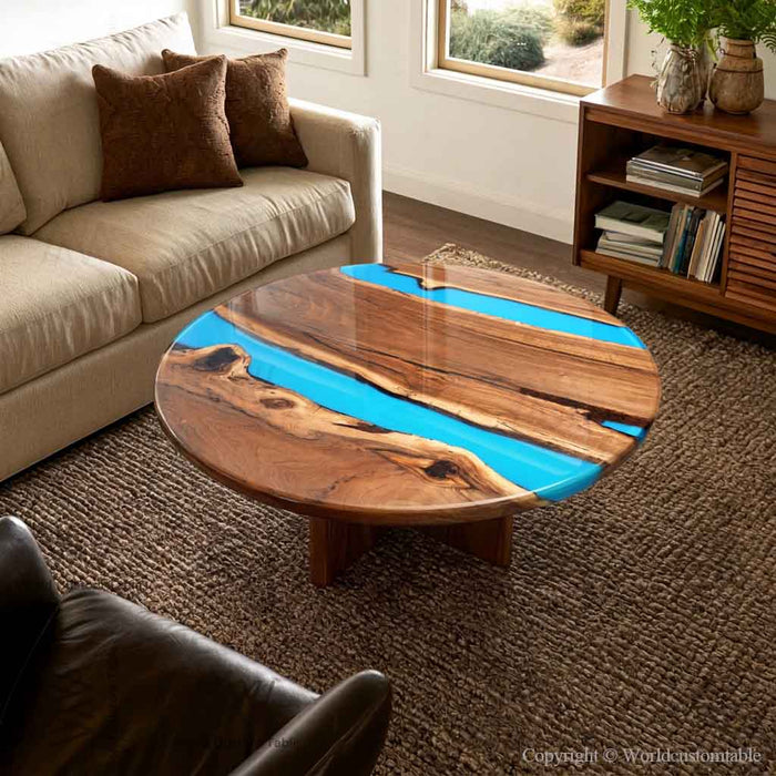 Black walnut epoxy coffee table with vivid blue resin river