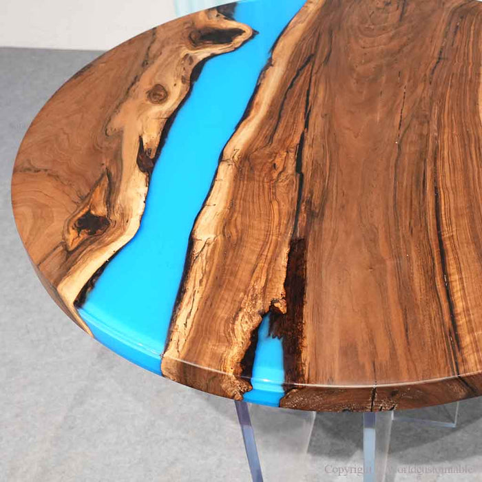 Modern rustic epoxy coffee table featuring natural black walnut wood