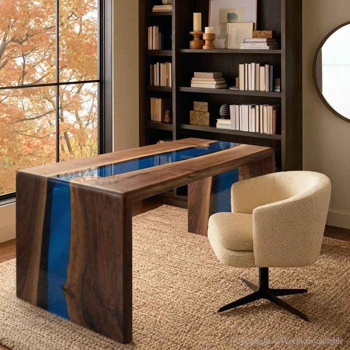 Blue resin waterfall epoxy desk for a modern home office