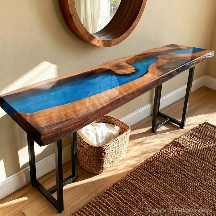 Black walnut epoxy console table with blue resin design