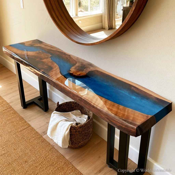Blue resin black walnut console table for a modern entryway
