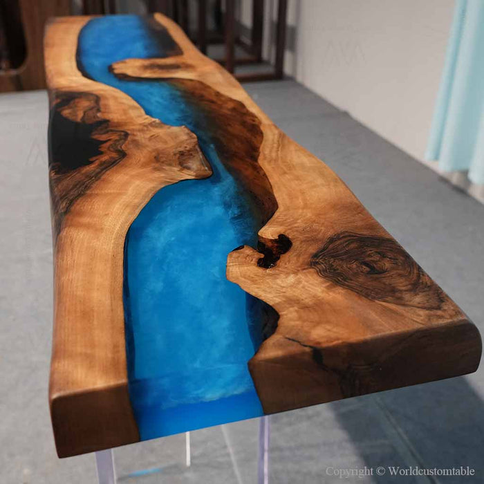 Modern blue resin console table for a contemporary living room