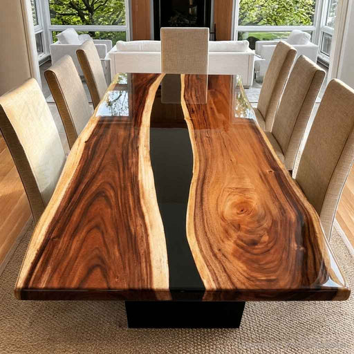 Live edge walnut epoxy dining table with black resin river