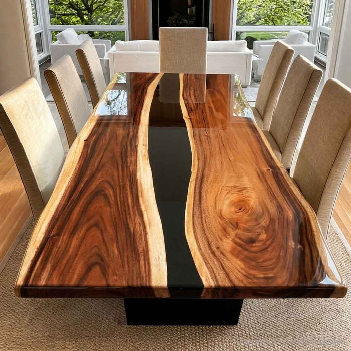 Live edge walnut epoxy dining table with black resin river
