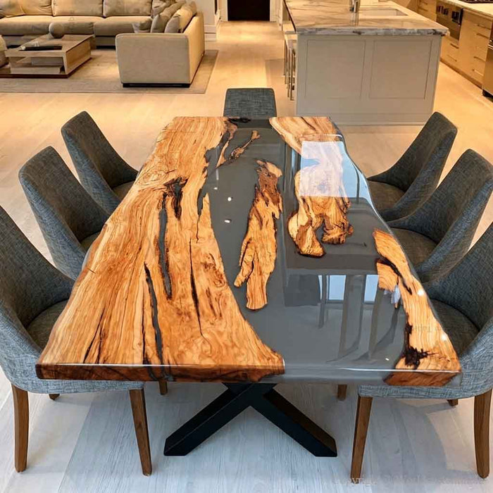 Olive epoxy dining table with smoky gray resin