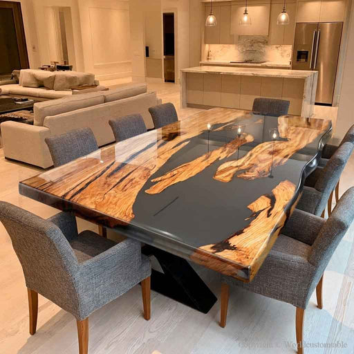 Olive wood dining table with smoky gray epoxy resin
