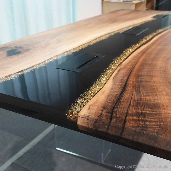 Executive conference table with black epoxy and gold accents