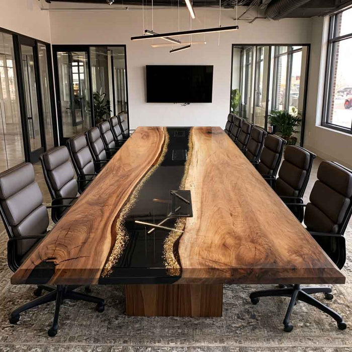 Black walnut epoxy conference table with black resin and gold flakes