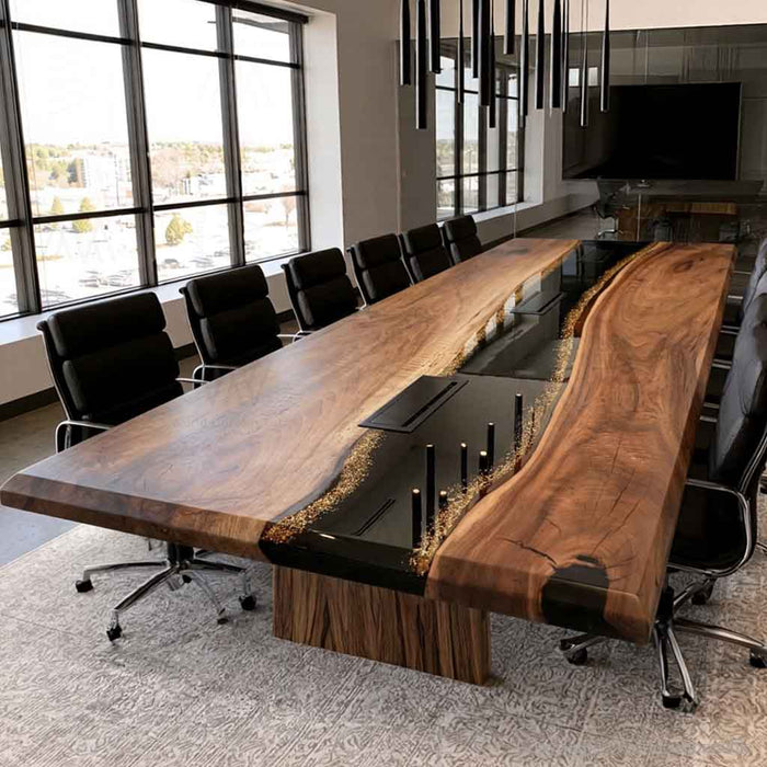 Black walnut conference table with gold flake epoxy resin