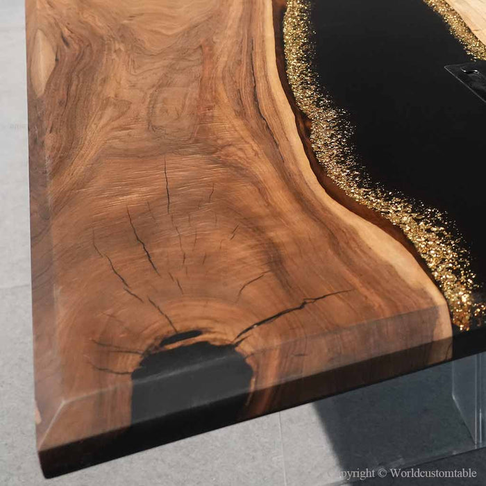 Luxury walnut epoxy boardroom table with metallic gold flakes