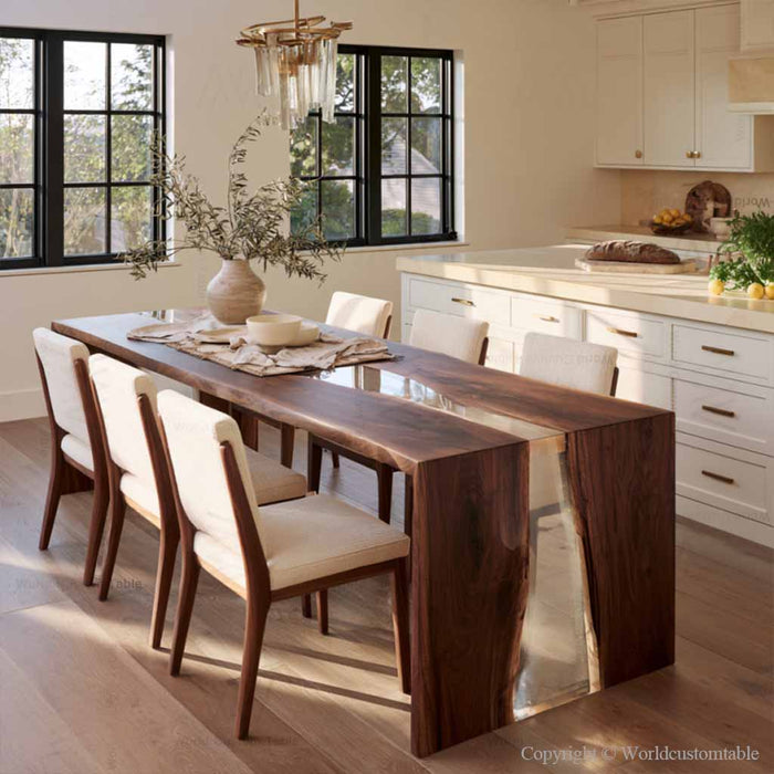 Black walnut epoxy waterfall table with crystal clear resin and natural wood grain