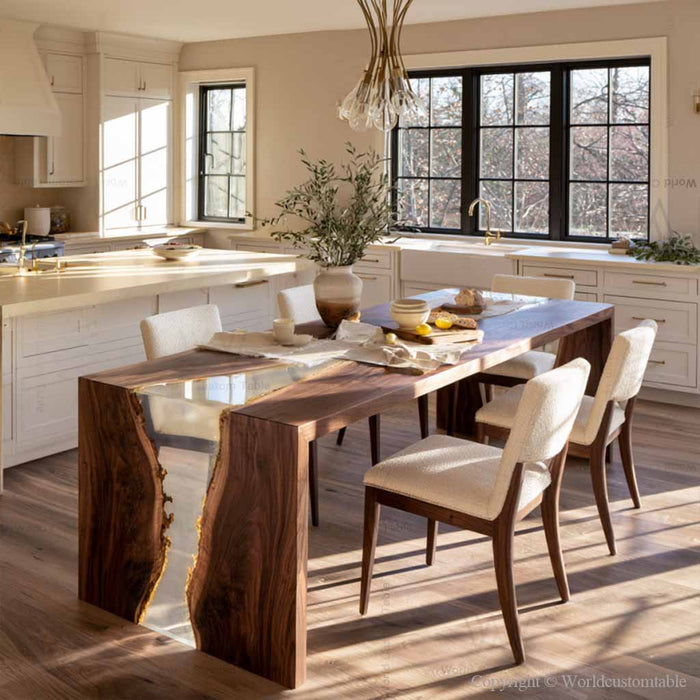 Black walnut waterfall dining table with a sculptural wood leg and seamless flowing design