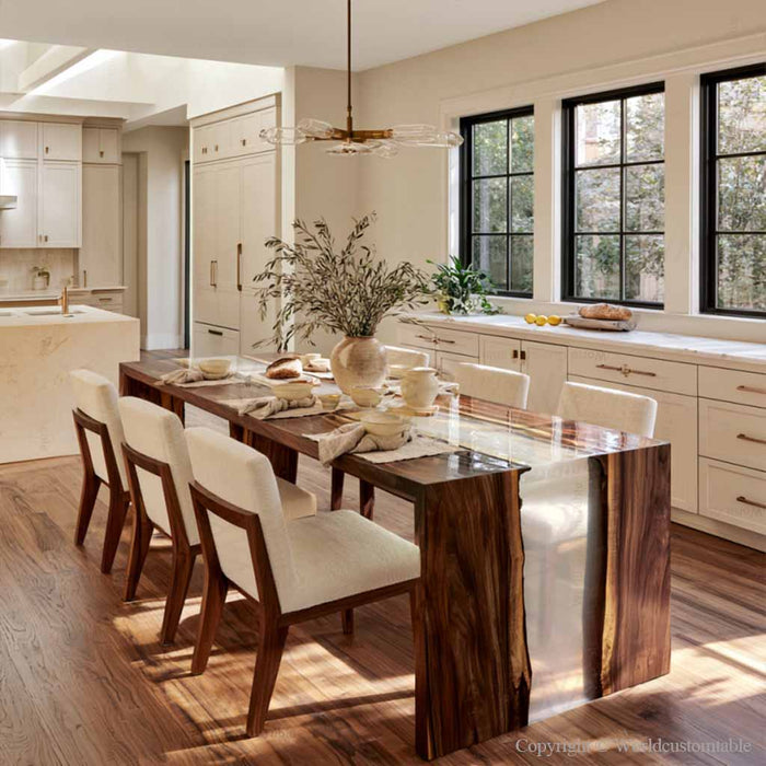 Luxury contemporary home with a custom black walnut epoxy waterfall table as a statement furniture piece