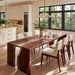 Modern dining room featuring a black walnut epoxy waterfall table with elegant dining chairs