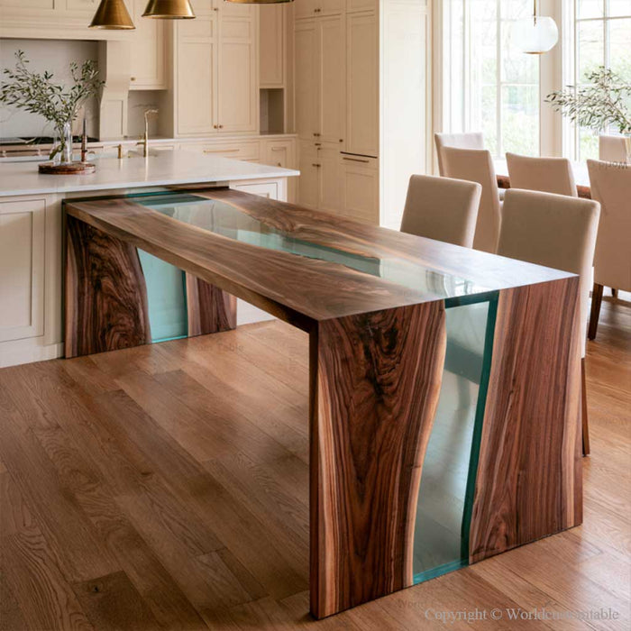 Ocean Veil black walnut epoxy waterfall table with transparent teal resin and natural wood grain