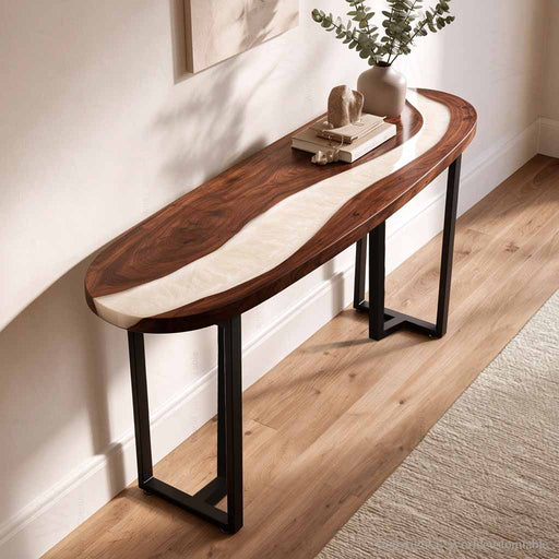 Oblong black walnut epoxy console table with white resin and rich natural wood graingrain