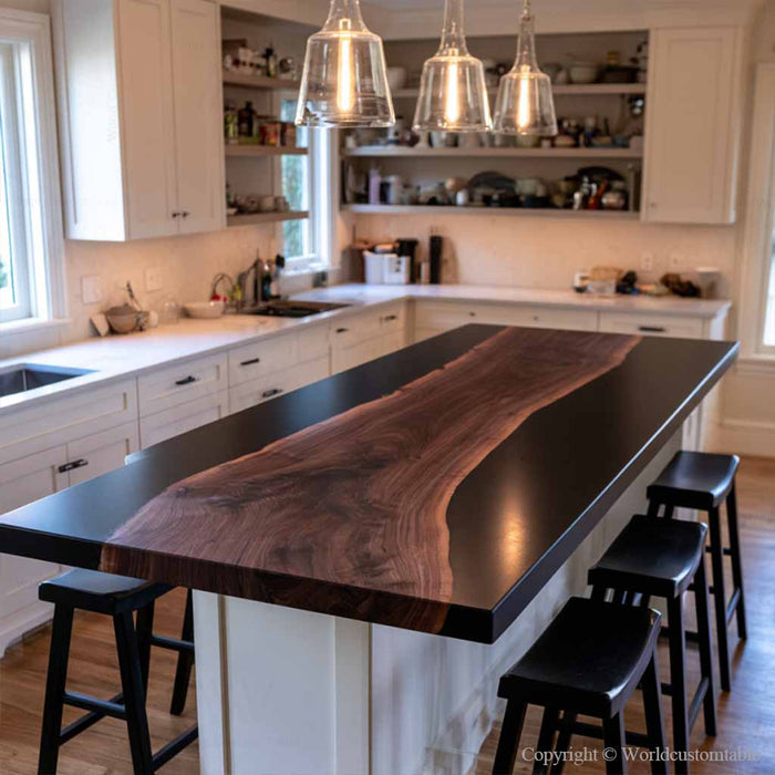 Close up of natural black walnut grain and glossy black epoxy resin on an island top