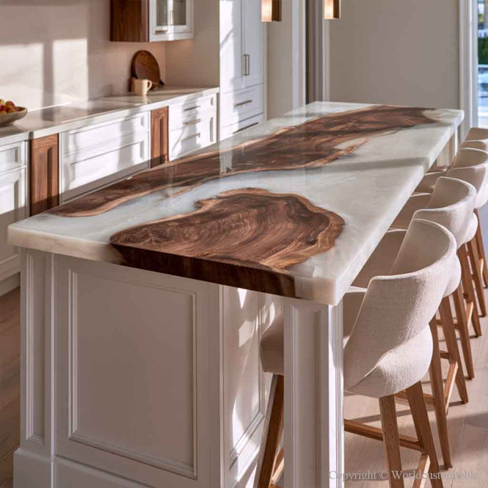 Contemporary black walnut epoxy island top with pearl white resin and a waterfall edge