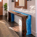 Black walnut epoxy console table with blue and white ocean wave resin and waterfall edges