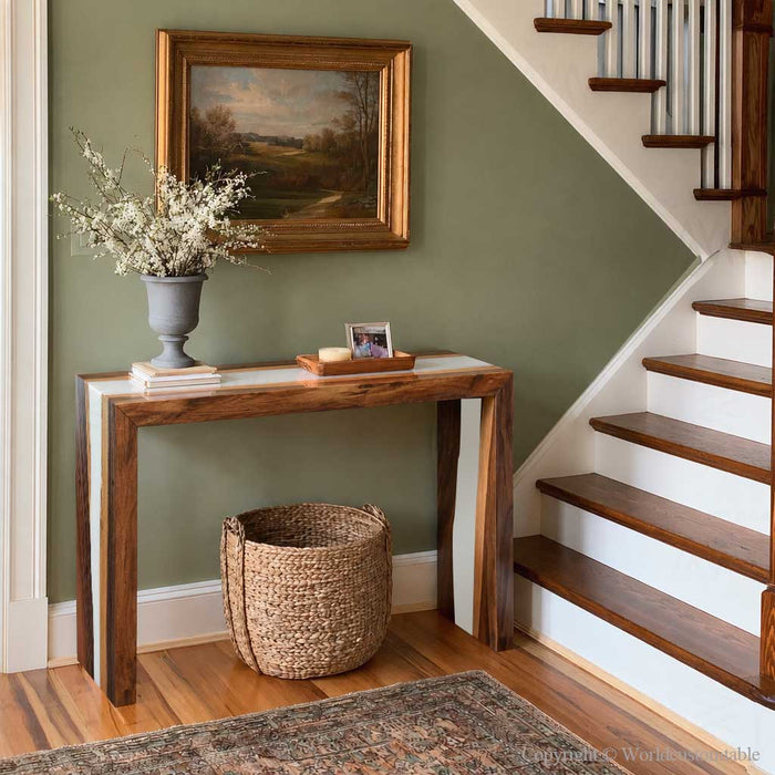 Black walnut epoxy console table with white resin and a modern waterfall edge