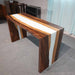 Modern entryway with a black walnut epoxy console table featuring white resin and a decorative mirror