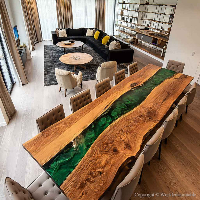 12-seater walnut wood conference table with transparent green epoxy river design, office-ready.
