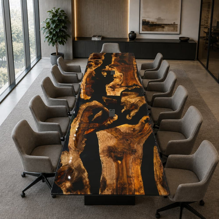 Large black walnut epoxy boardroom table for executive meetings