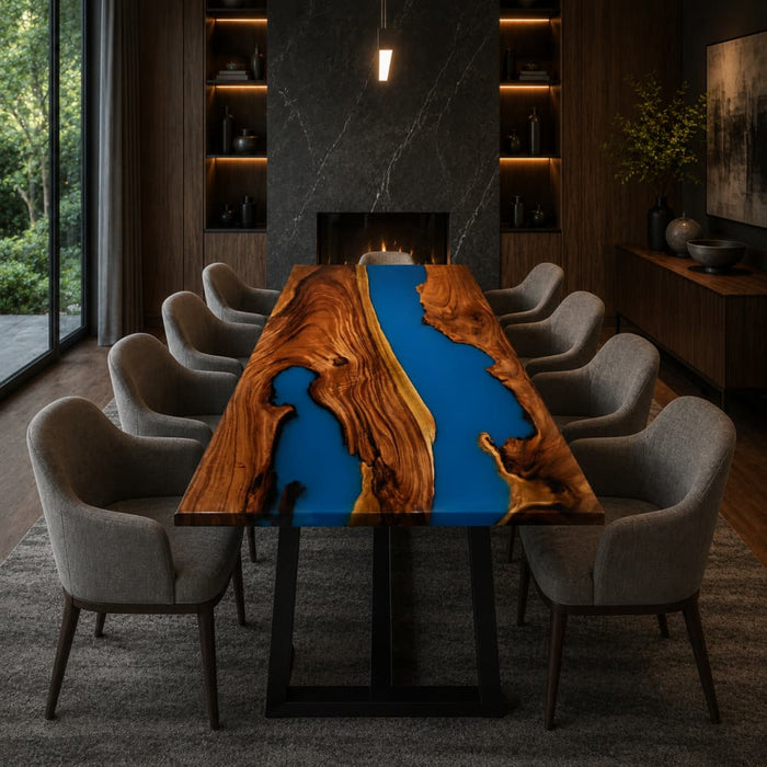 Large blue epoxy dining table for family meals and entertaining