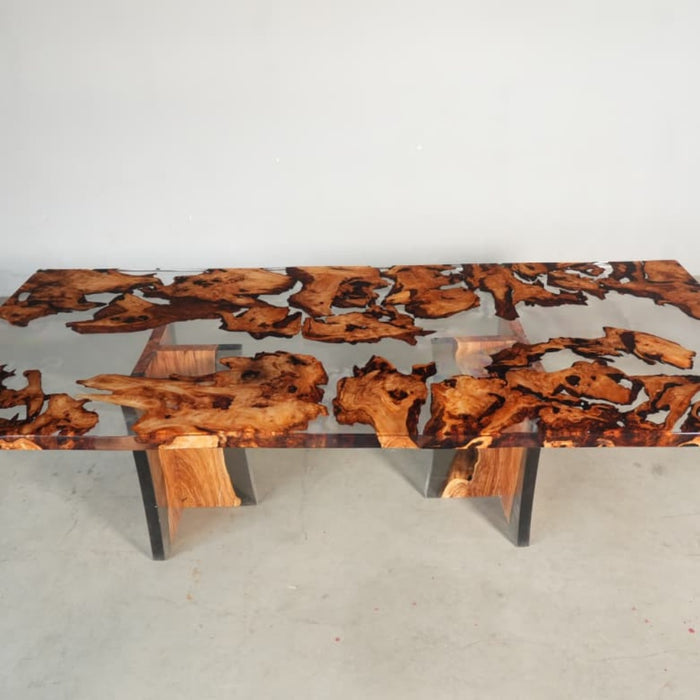 large burl wood epoxy dining table for modern dining room
