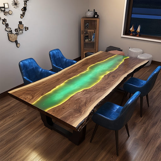 Large live edge walnut meeting table with glowing green epoxy river for boardroom use