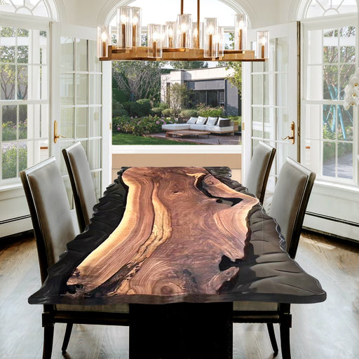 Large wooden conference table with natural edge, ideal for professional meeting rooms.